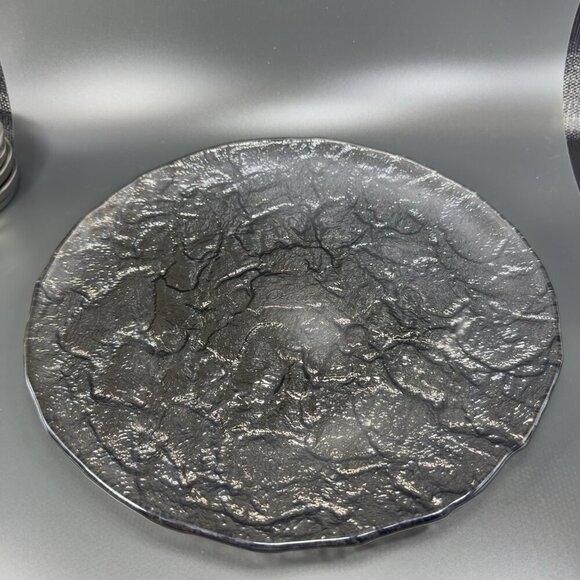 Vintage JSG Oceana Art Glass Metallic Black Texture Glass Dish Plate 11inch Wide - Picture 8 of 12